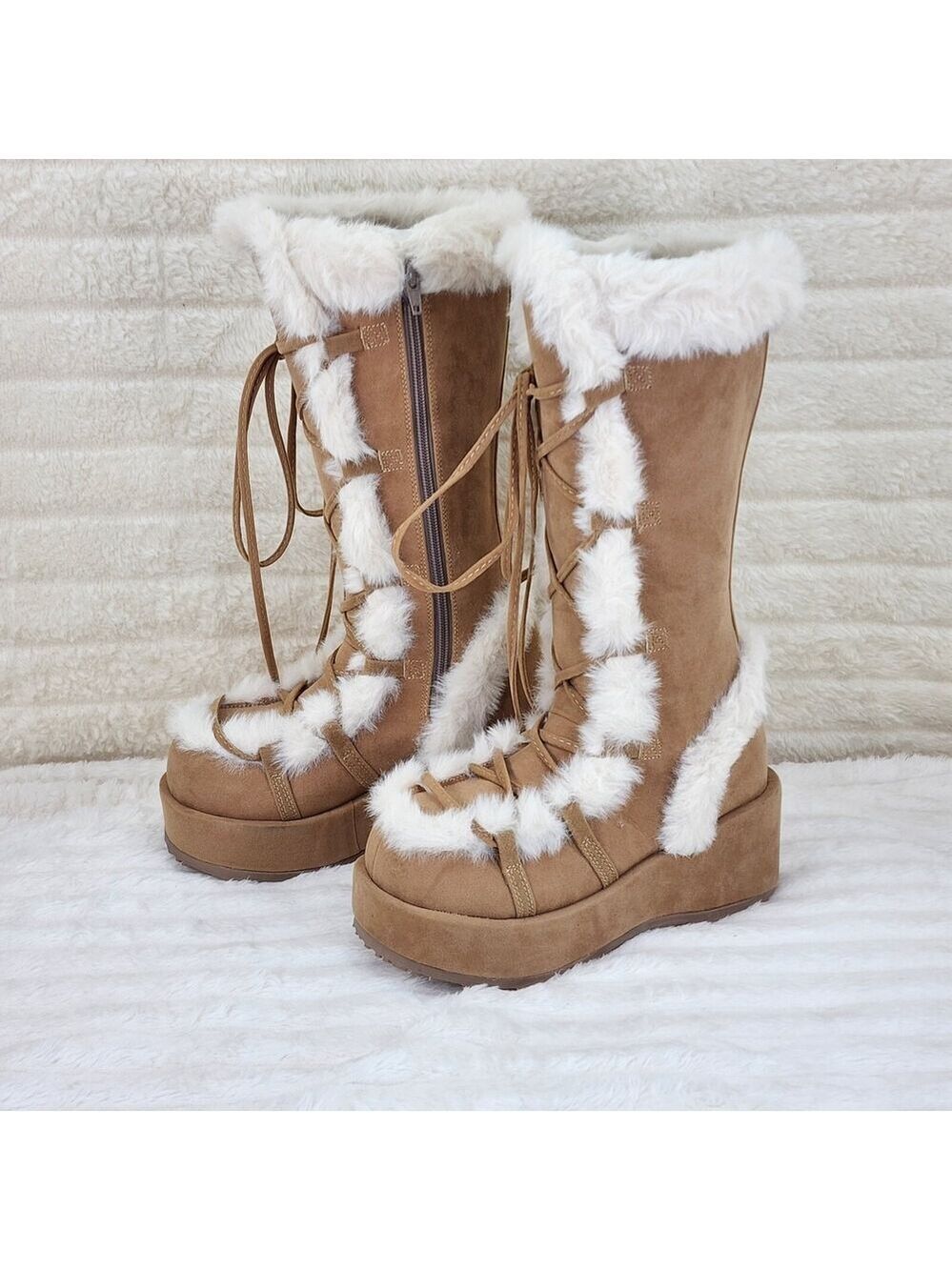 NIB DEMONIA Cubby 311 Stomper Tan Mammoth Platform Goth Punk Knee Boots NY